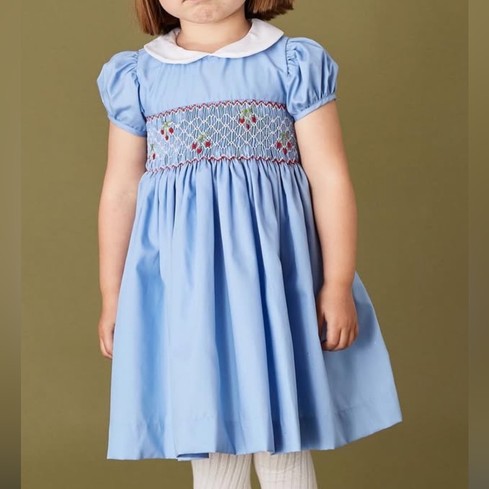 Question Everything Blue Smocked Dress with White Collar and Cherry Embroidery